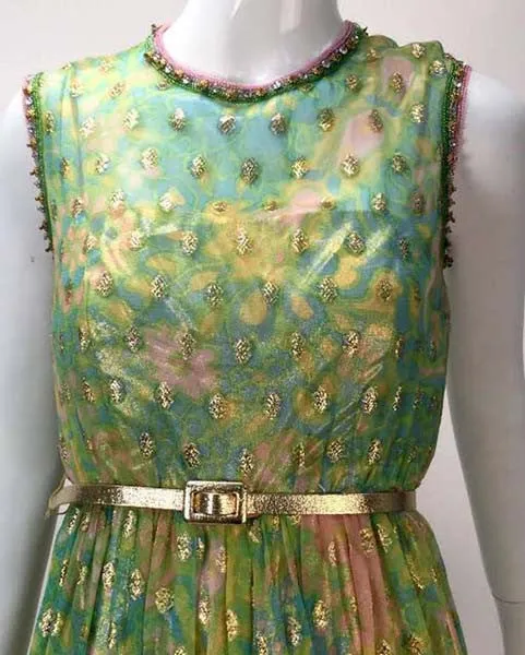 1960's Mollie Parnis Indian Inspired Metallic Green Harem Jumpsuit