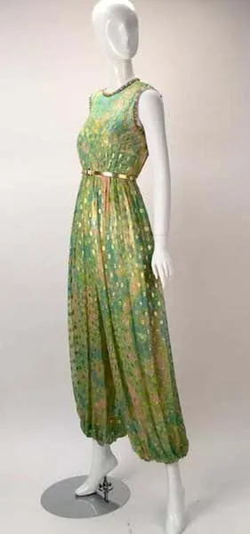 1960's Mollie Parnis Indian Inspired Metallic Green Harem Jumpsuit