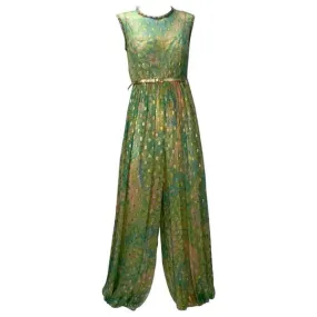 1960's Mollie Parnis Indian Inspired Metallic Green Harem Jumpsuit