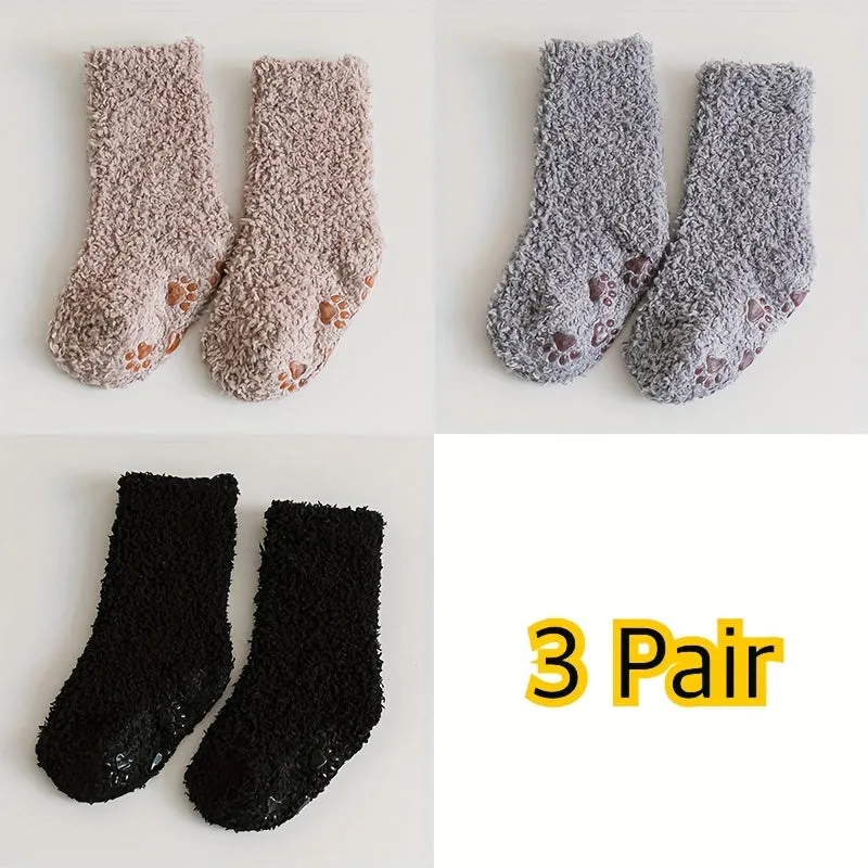 3 Pairs Of Baby Boy's Solid Color Thermal Thickened Crew Socks, Comfy Casual Soft Cotton Blend Knitted Crew Socks, Baby Boy's Hosiery