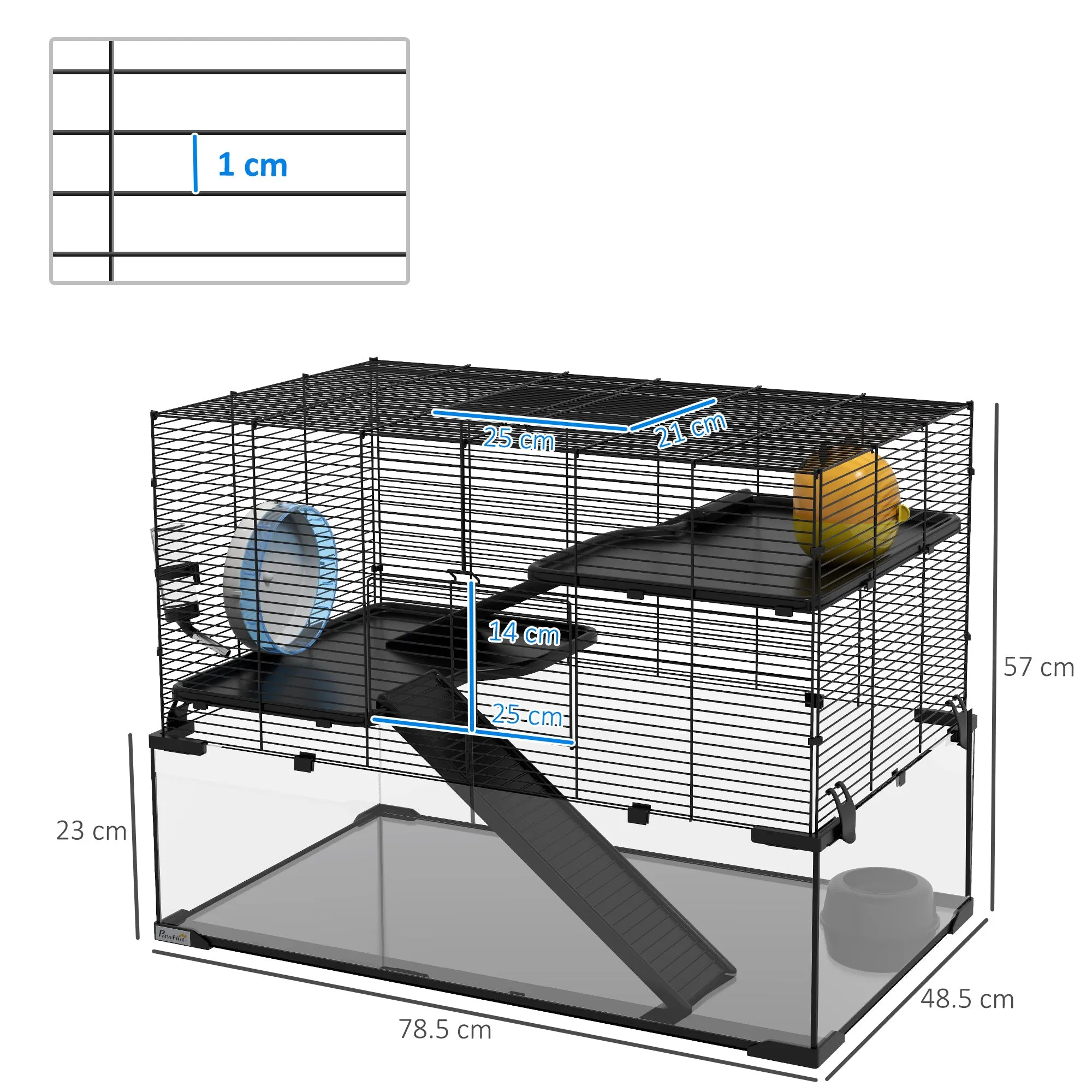 3 Tiers Hamster Cage, Gerbil Cage with Deep Glass Bottom, Non-Slip Ramps, Platforms, Hut Exercise Wheels Water Bottle for Syrian Dwarf Hamster