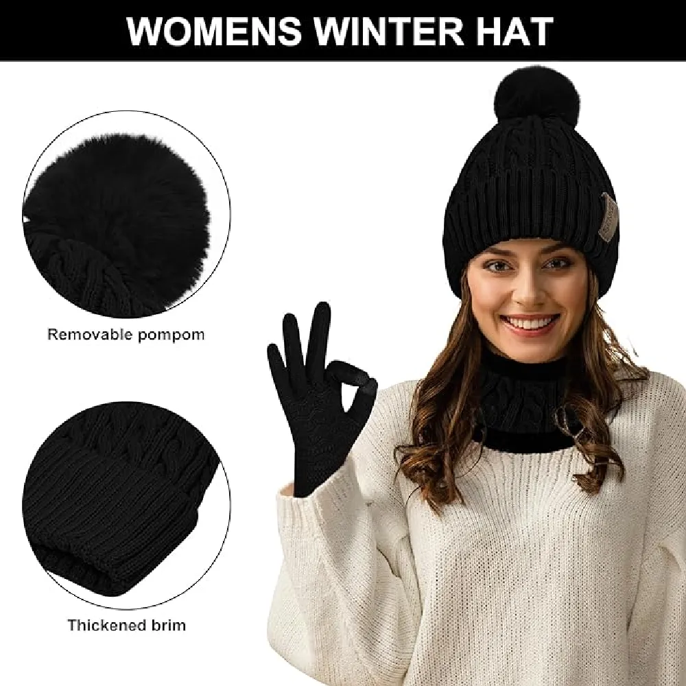 3Pcs Winter Beanie Hat Scarf Gloves Set for Women