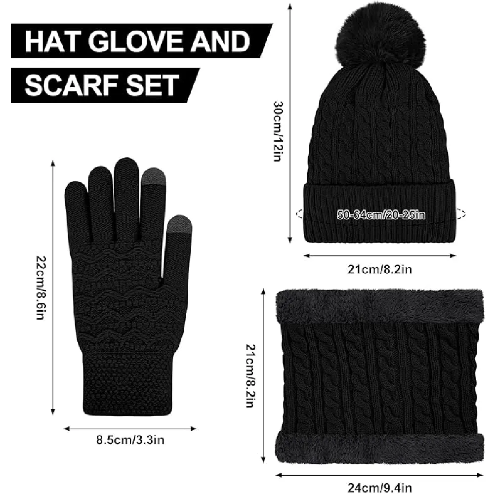 3Pcs Winter Beanie Hat Scarf Gloves Set for Women