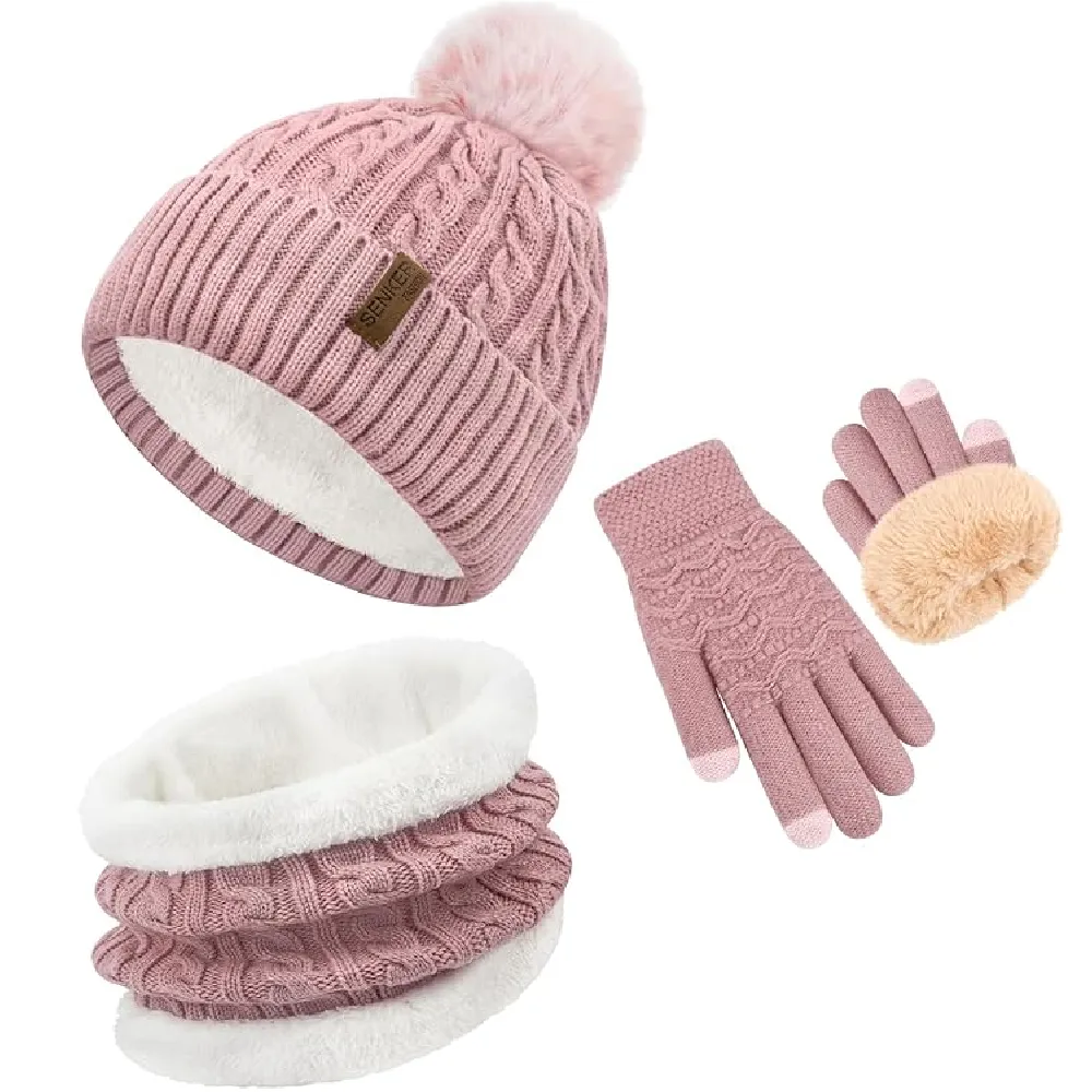 3Pcs Winter Beanie Hat Scarf Gloves Set for Women