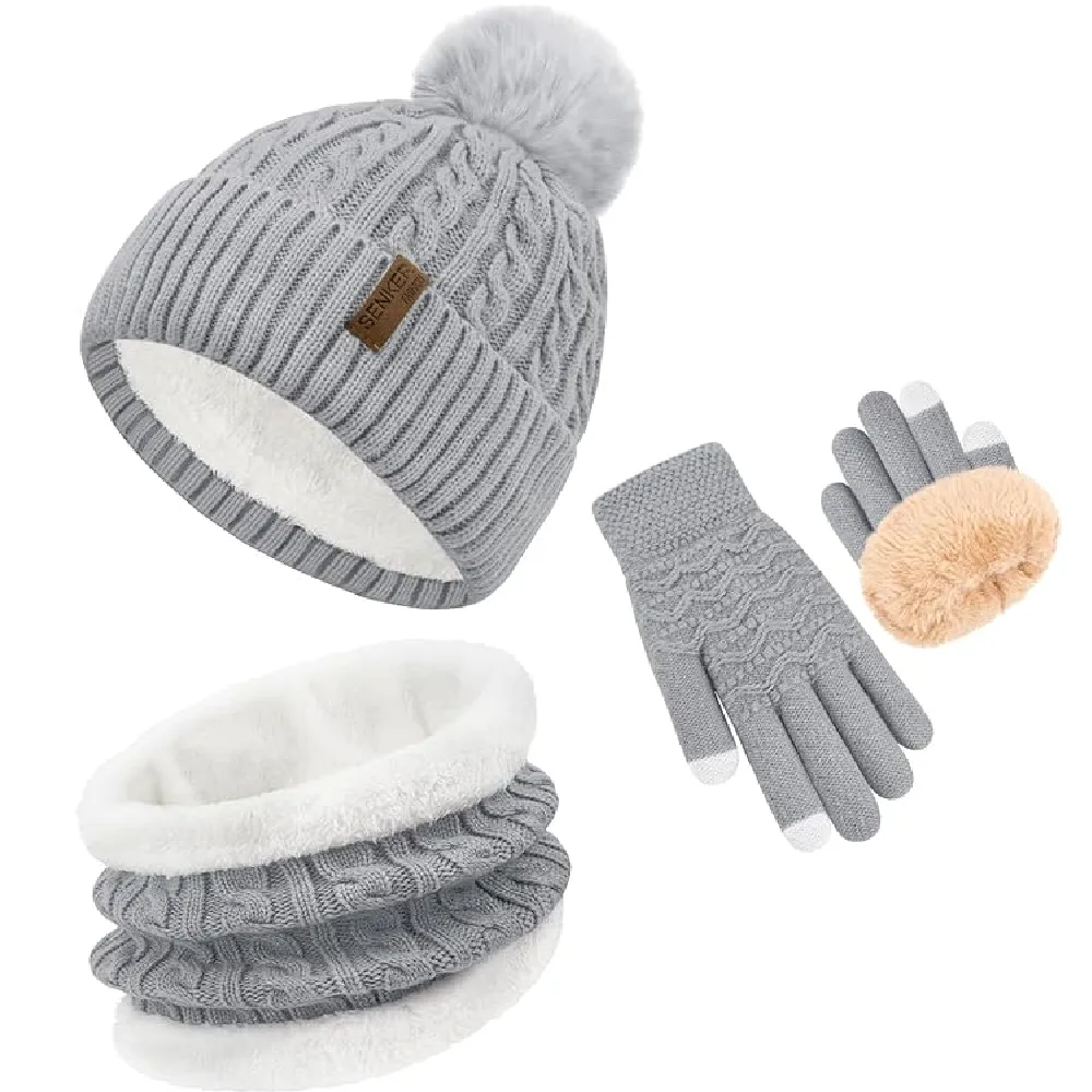 3Pcs Winter Beanie Hat Scarf Gloves Set for Women