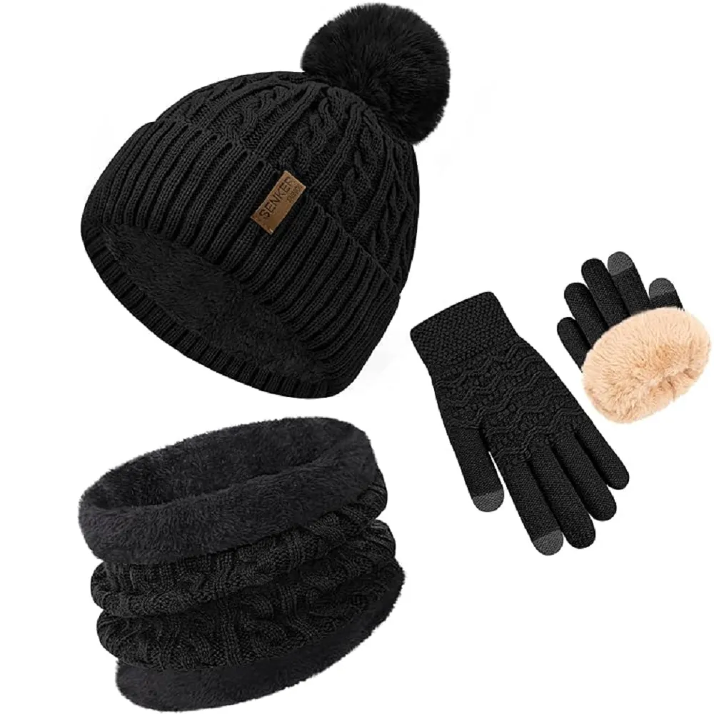 3Pcs Winter Beanie Hat Scarf Gloves Set for Women