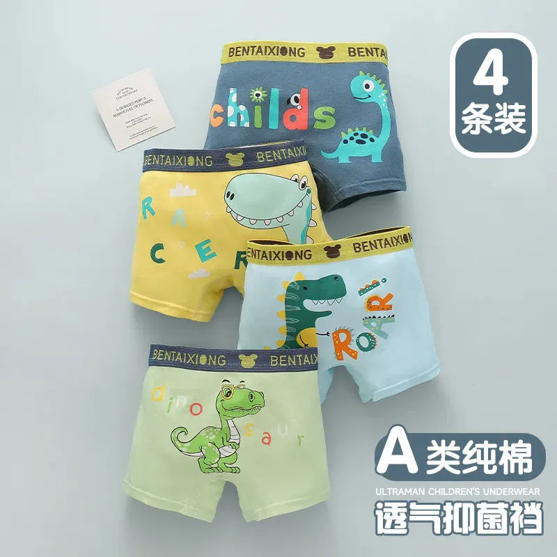 4pcs Boys Cotton Boxers Panties Cartoon Dinosaur Printed Kids Underwear Soft Children's Underpants Shorts Teenager Panties 1-14Y