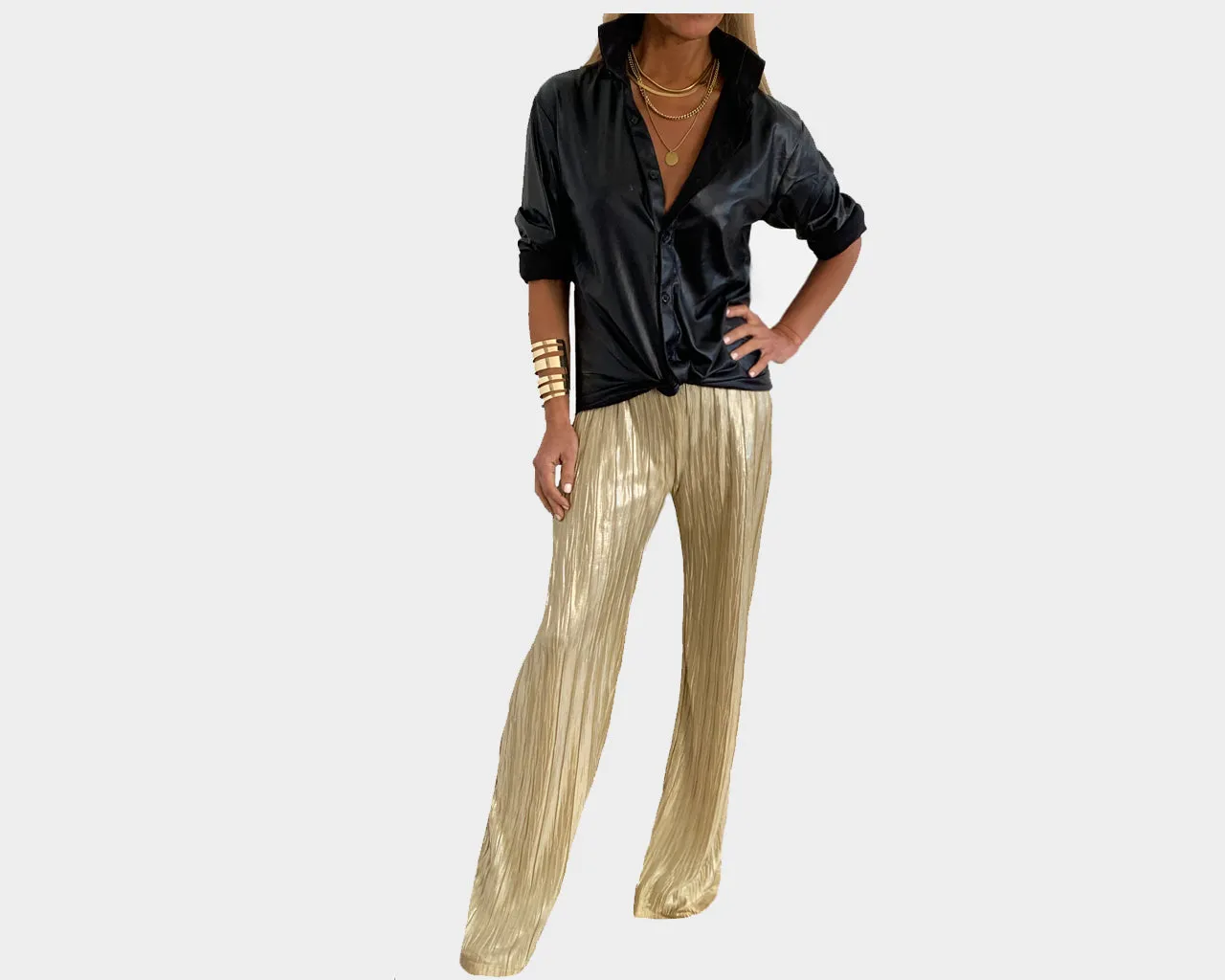 70 Metallic Pleated Gold Pants - The Palm Springs