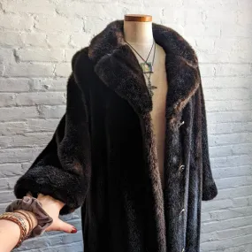 70s Vintage Vegan Mink Fur Trench Coat Mob Wife Black Brown Penny Lane Jacket