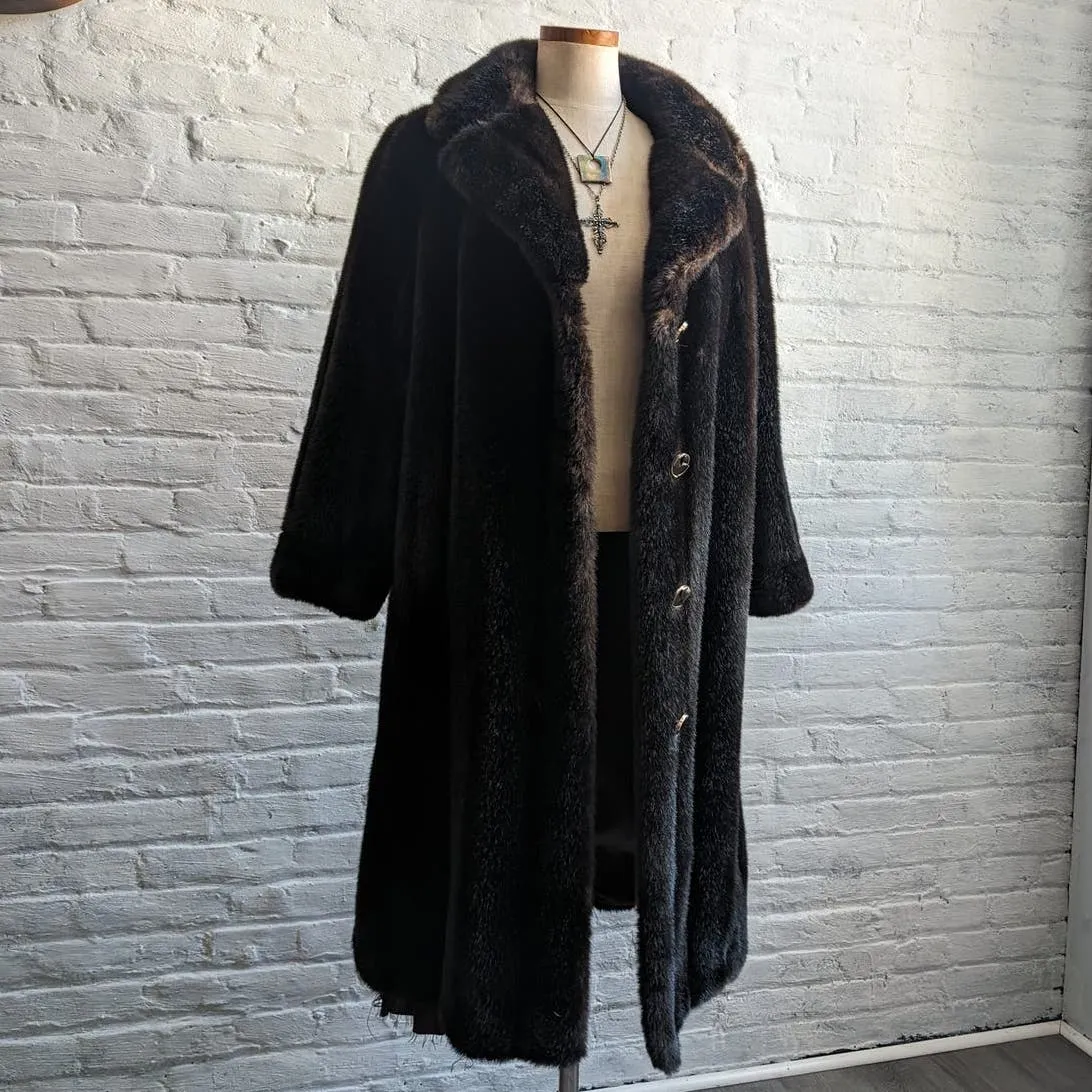 70s Vintage Vegan Mink Fur Trench Coat Mob Wife Black Brown Penny Lane Jacket