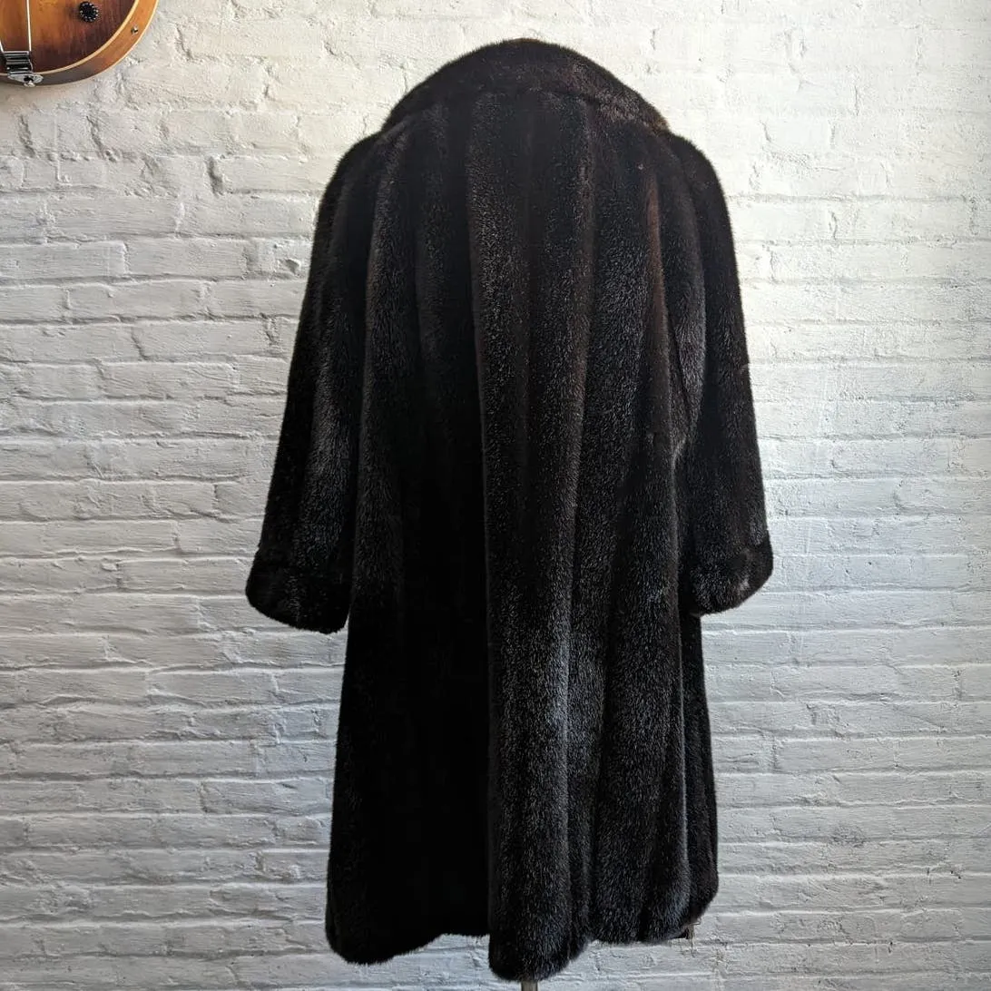 70s Vintage Vegan Mink Fur Trench Coat Mob Wife Black Brown Penny Lane Jacket