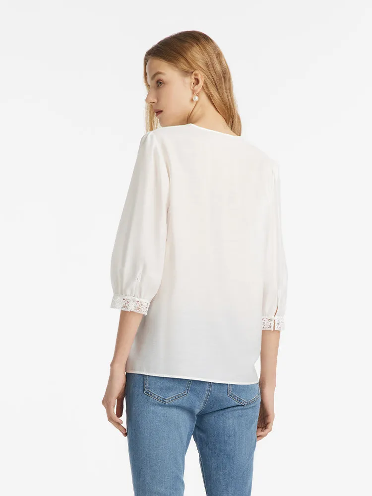 Acetate V-Neck Lace Trim Women Blouse