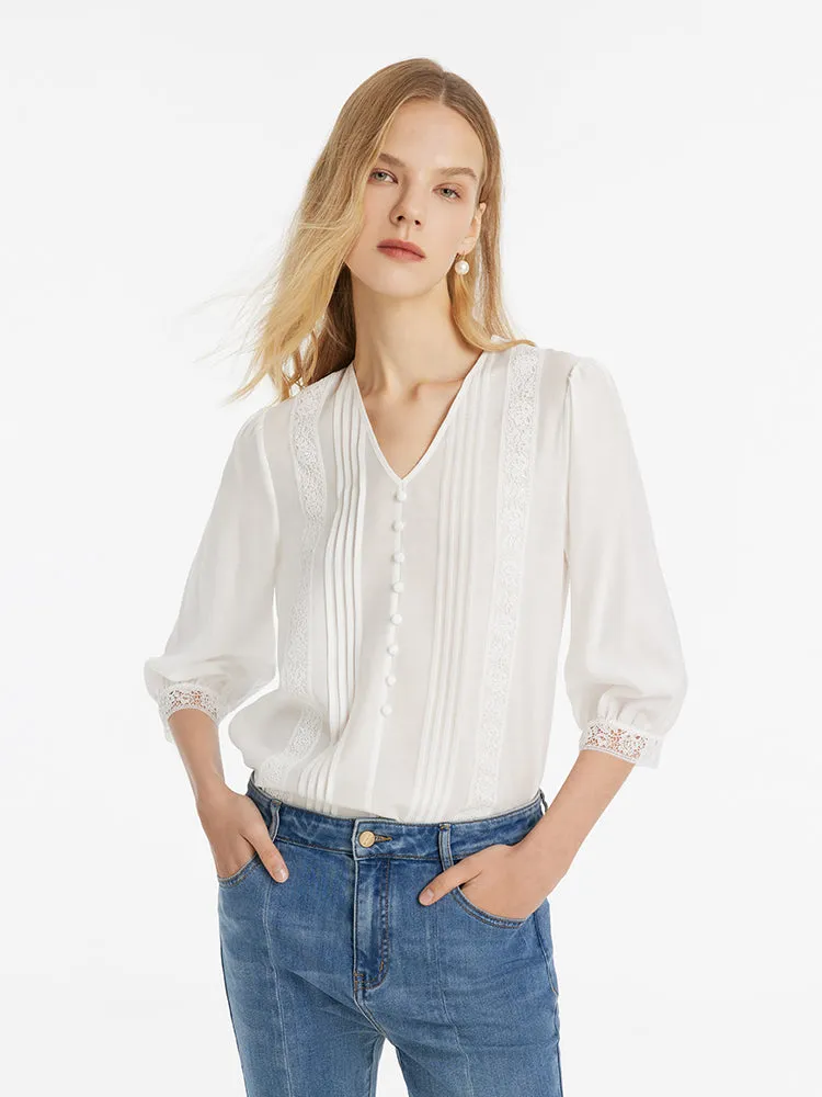 Acetate V-Neck Lace Trim Women Blouse