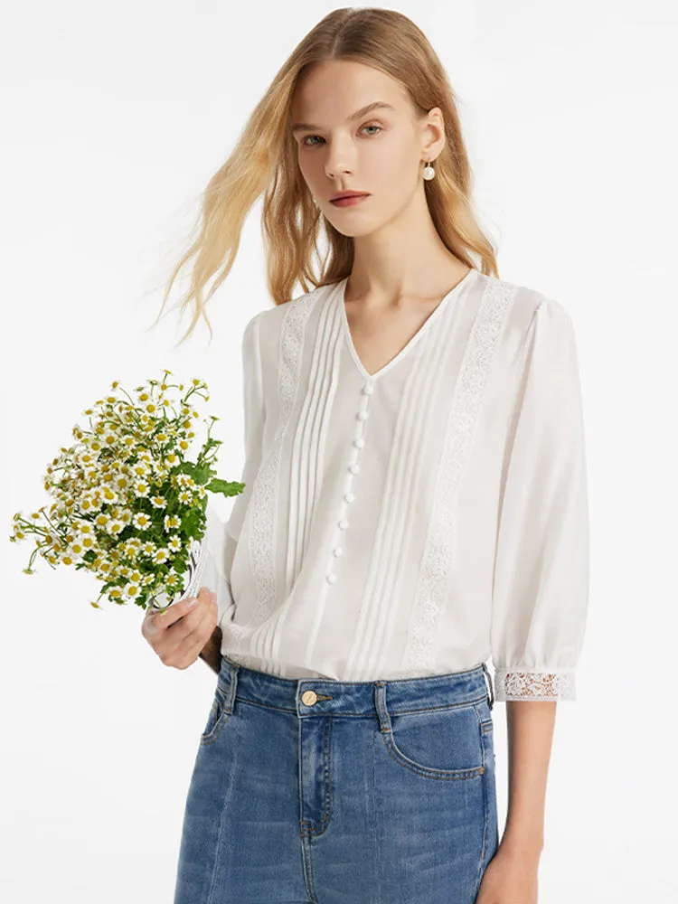 Acetate V-Neck Lace Trim Women Blouse