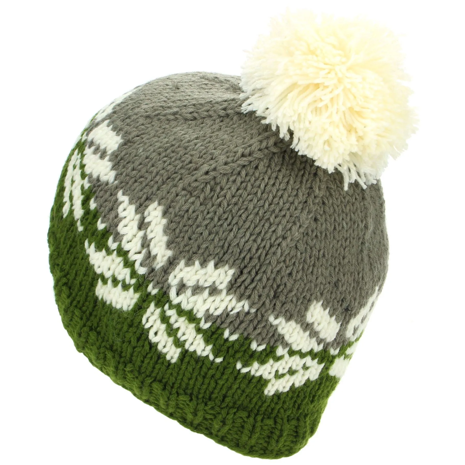 Acrylic Knit Fairisle Beanie Bobble Hat - Grey & Green