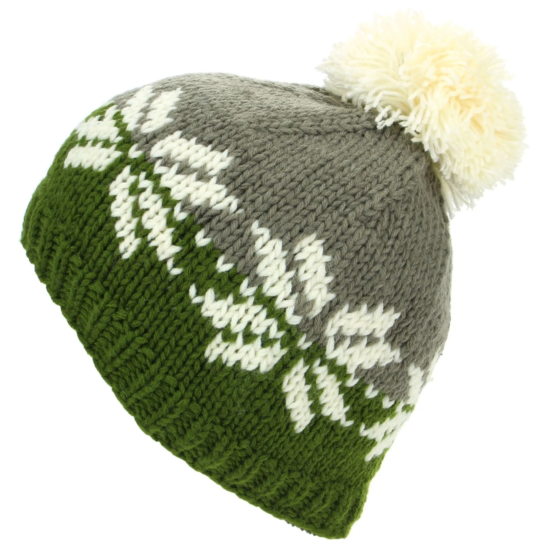 Acrylic Knit Fairisle Beanie Bobble Hat - Grey & Green