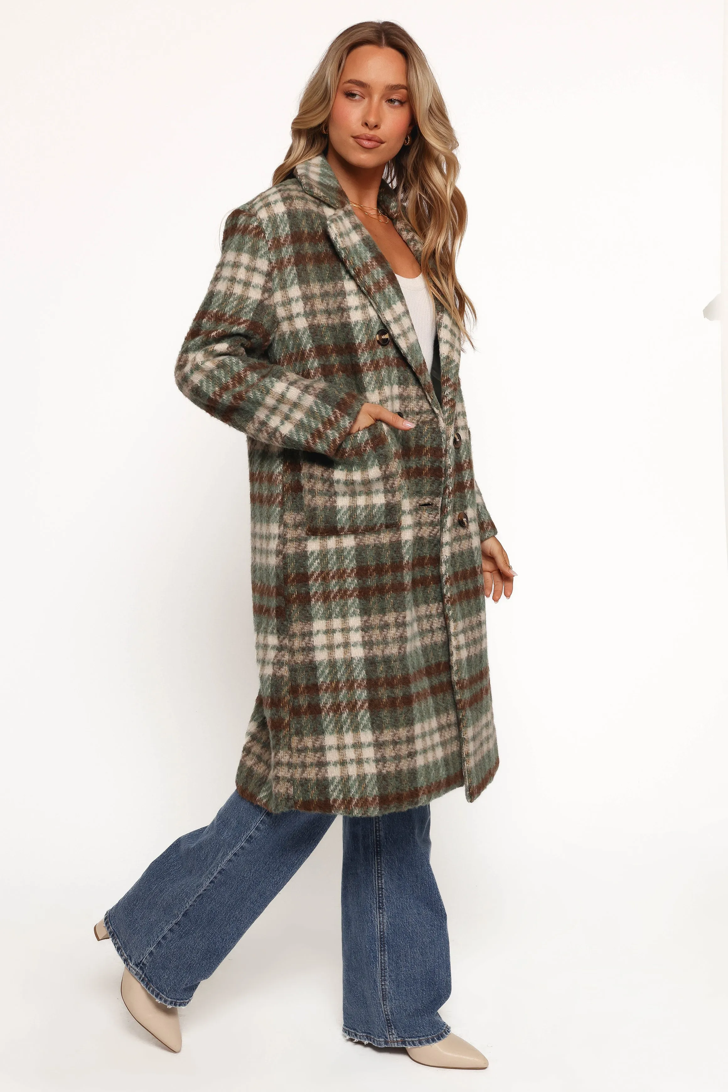 Anika Plaid Long Coat - Green/Brown