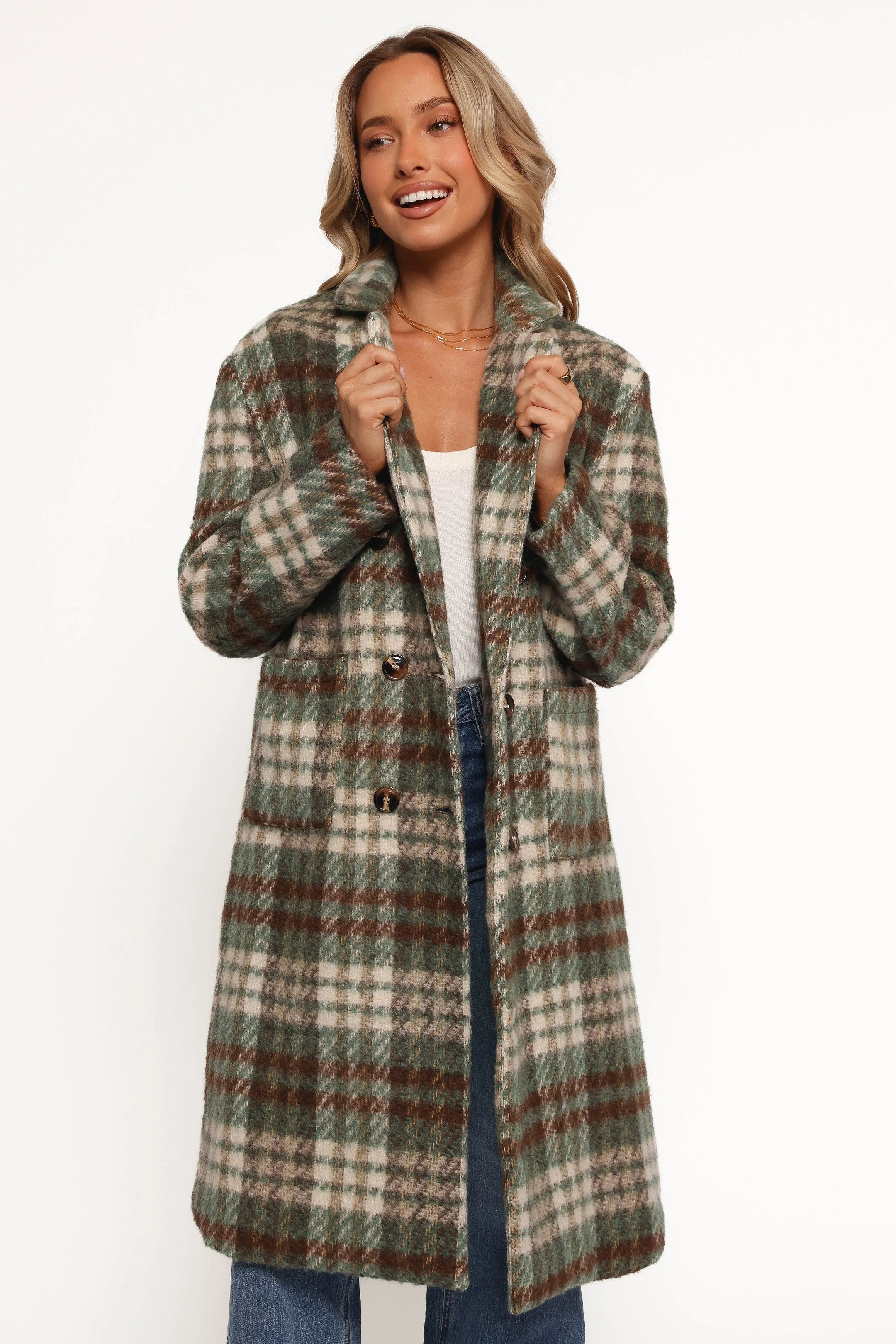 Anika Plaid Long Coat - Green/Brown