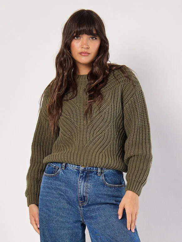 APRICOT CHUNKY CABLE KNIT SWEATER - KHAKI GREEN - 895140