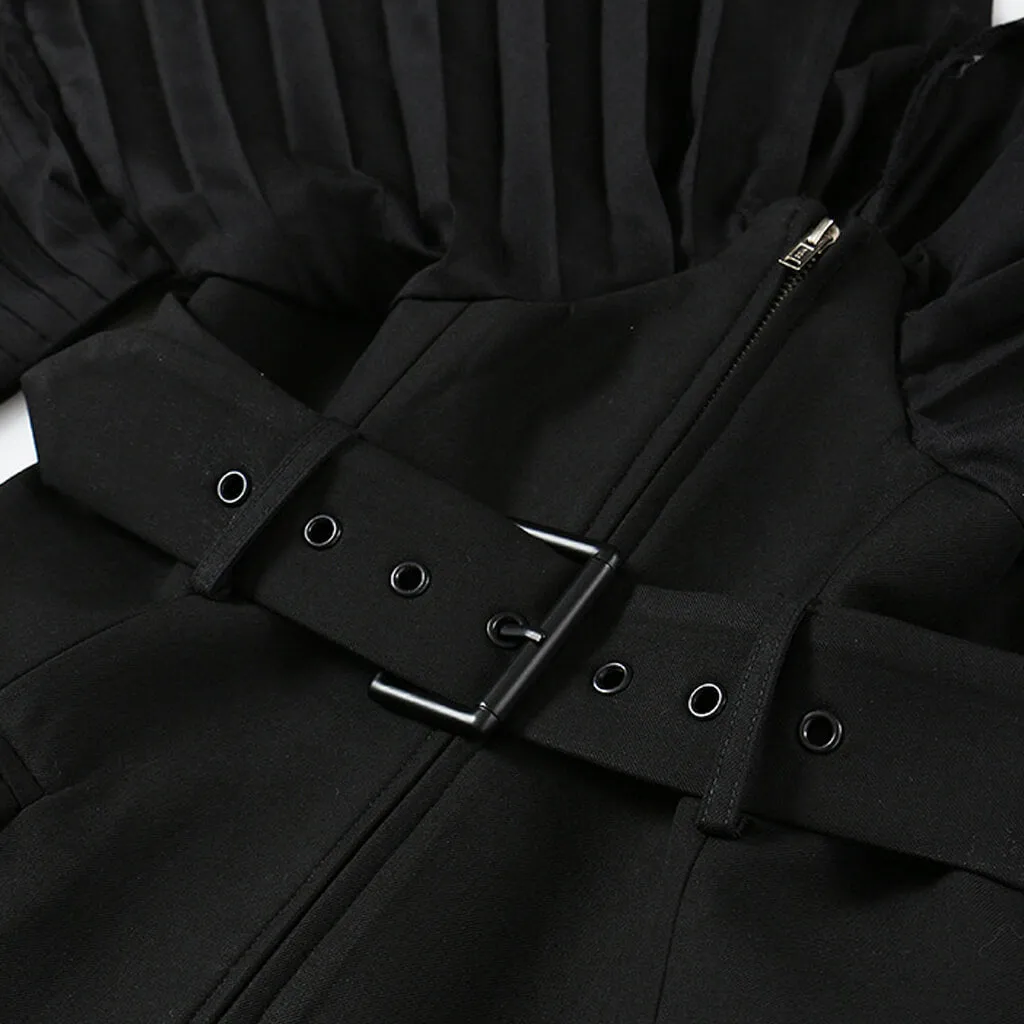 Architectural Pleated Balloon Sleeve V Neck Belted Zip Up Jacket