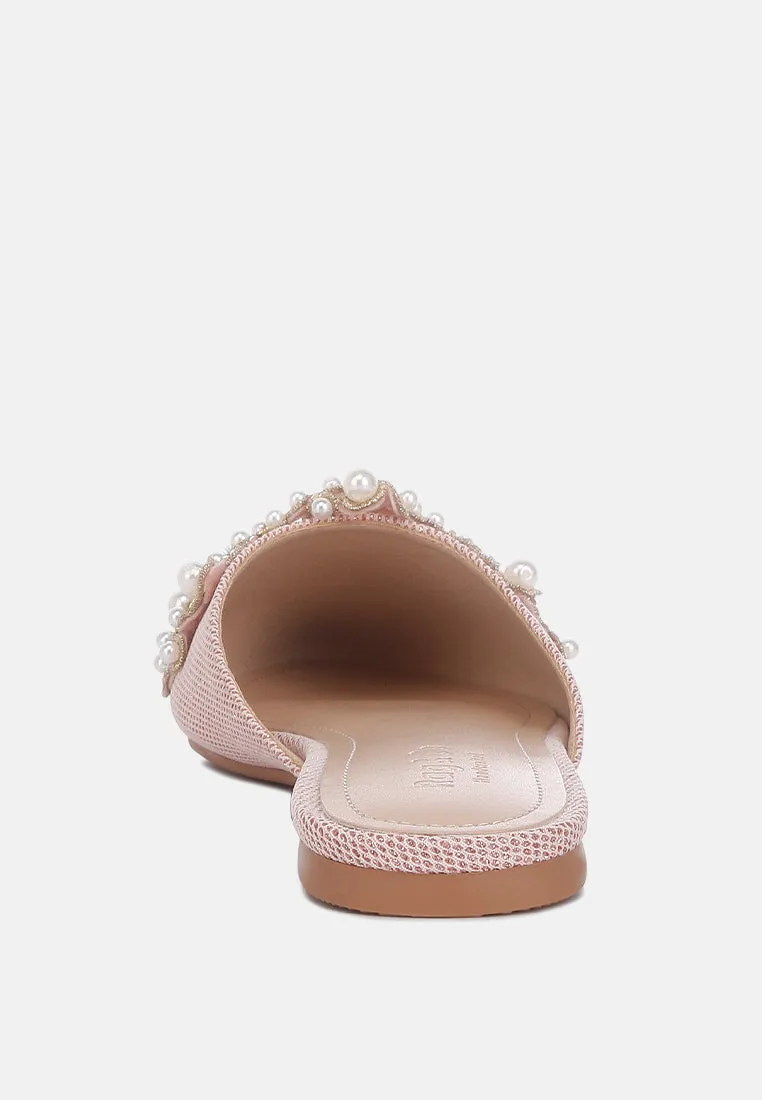 ASTRE Pearl Embellished Shimmer Mules In Blush