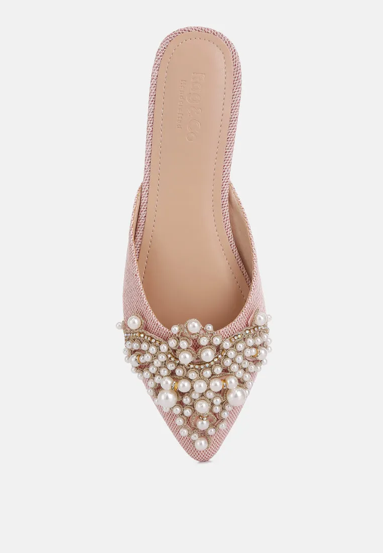 ASTRE Pearl Embellished Shimmer Mules In Blush