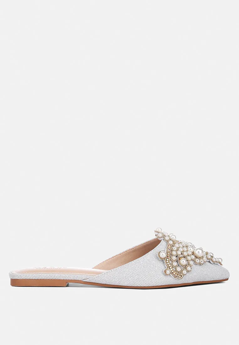 ASTRE Pearl Embellished Shimmer Mules In Silver