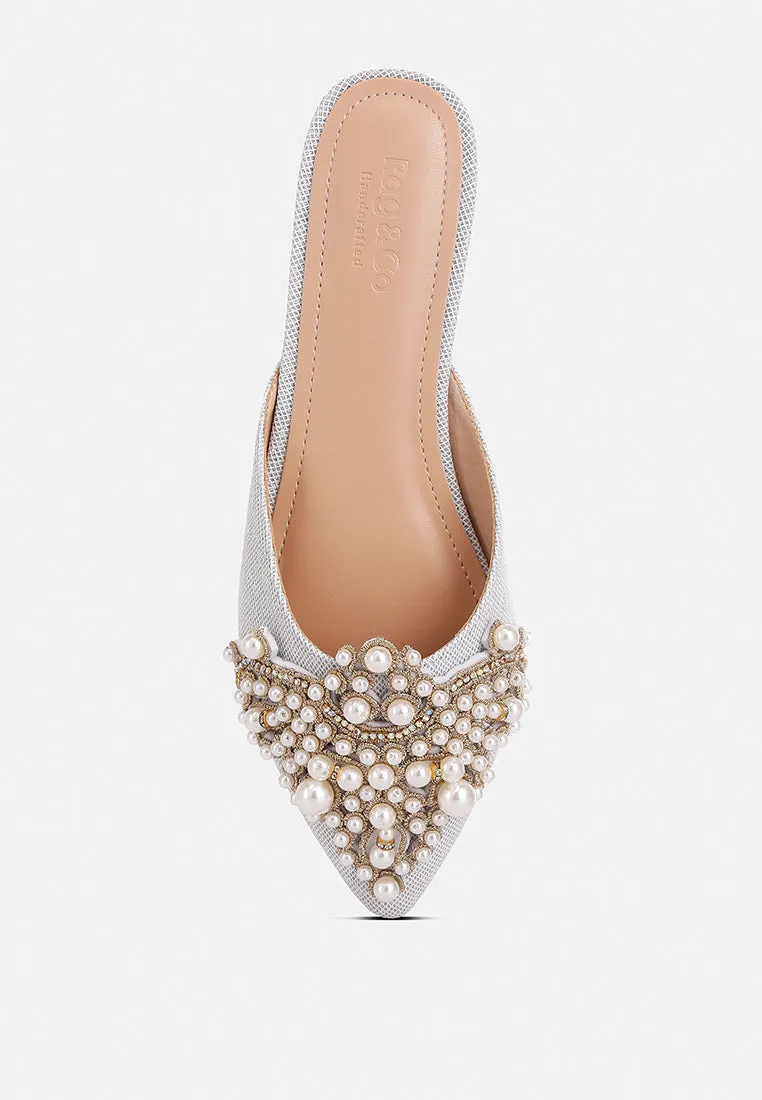 ASTRE Pearl Embellished Shimmer Mules In Silver