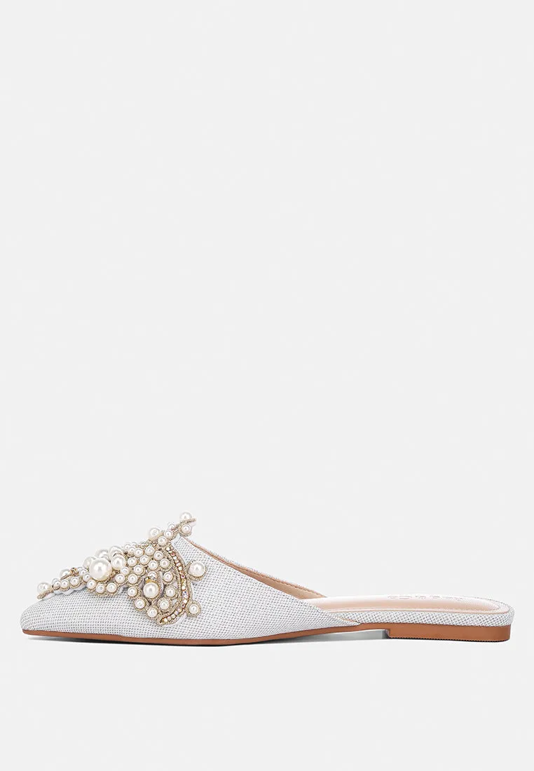 ASTRE Pearl Embellished Shimmer Mules In Silver