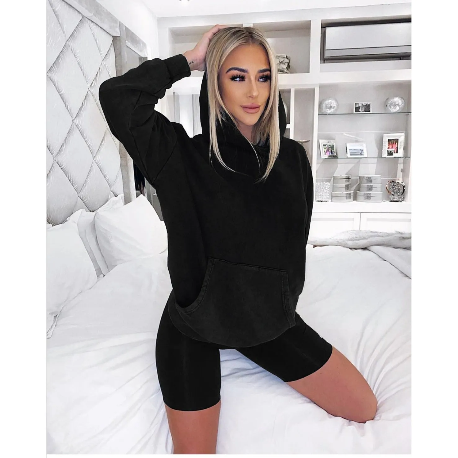 Autumn Winter Loose Long Sleeve Sweatshirt Top Hoodie and Biker Shorts