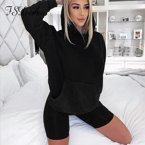 Autumn Winter Loose Long Sleeve Sweatshirt Top Hoodie and Biker Shorts