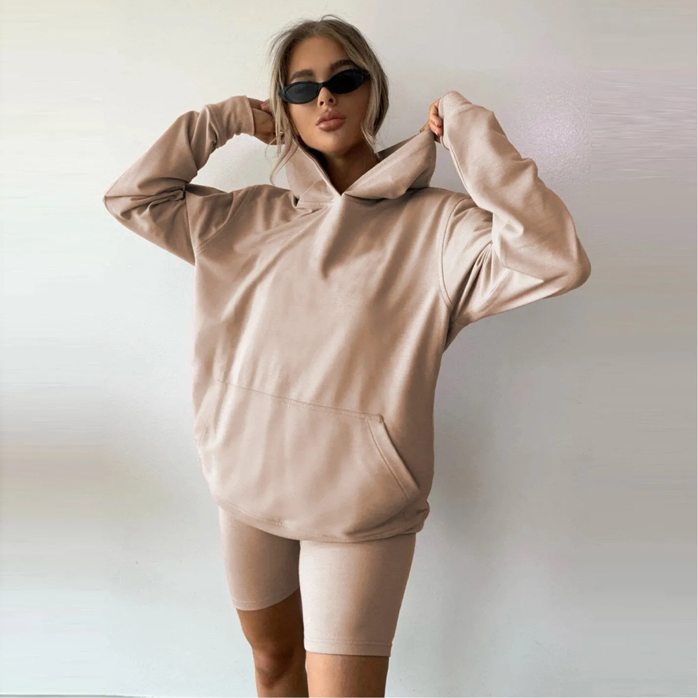 Autumn Winter Loose Long Sleeve Sweatshirt Top Hoodie and Biker Shorts