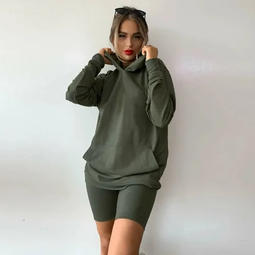 Autumn Winter Loose Long Sleeve Sweatshirt Top Hoodie and Biker Shorts