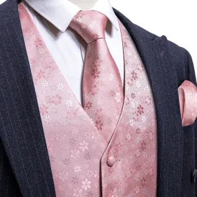 Baby Pink Floral Jacquard Silk Men's Vest Hanky Cufflinks Tie Set