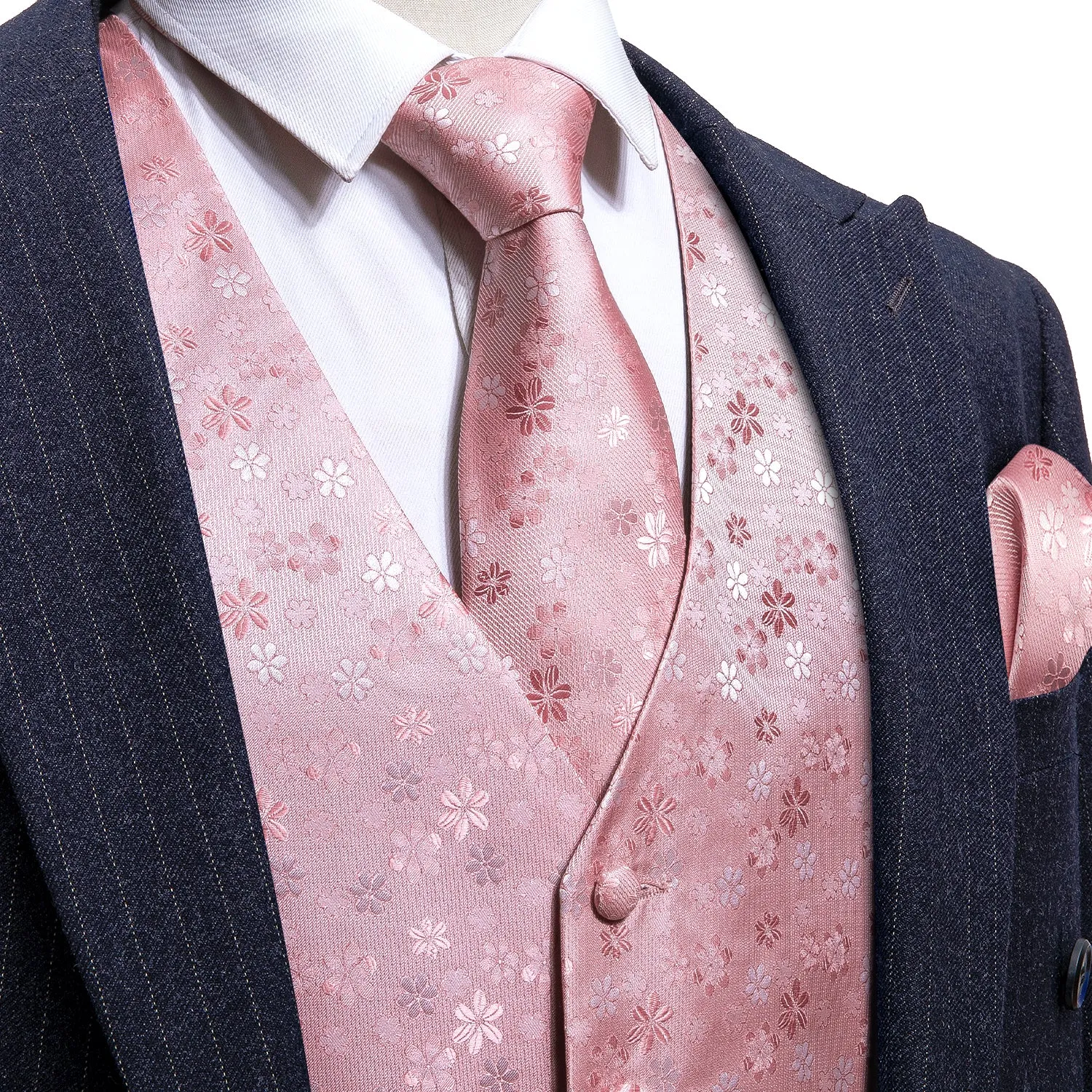 Baby Pink Floral Jacquard Silk Men's Vest Hanky Cufflinks Tie Set