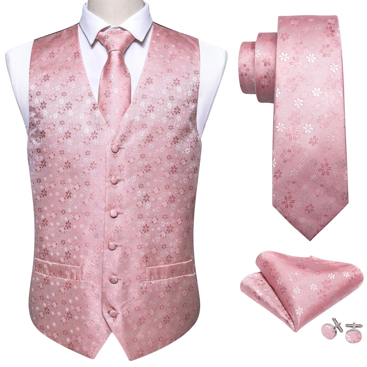 Baby Pink Floral Jacquard Silk Men's Vest Hanky Cufflinks Tie Set