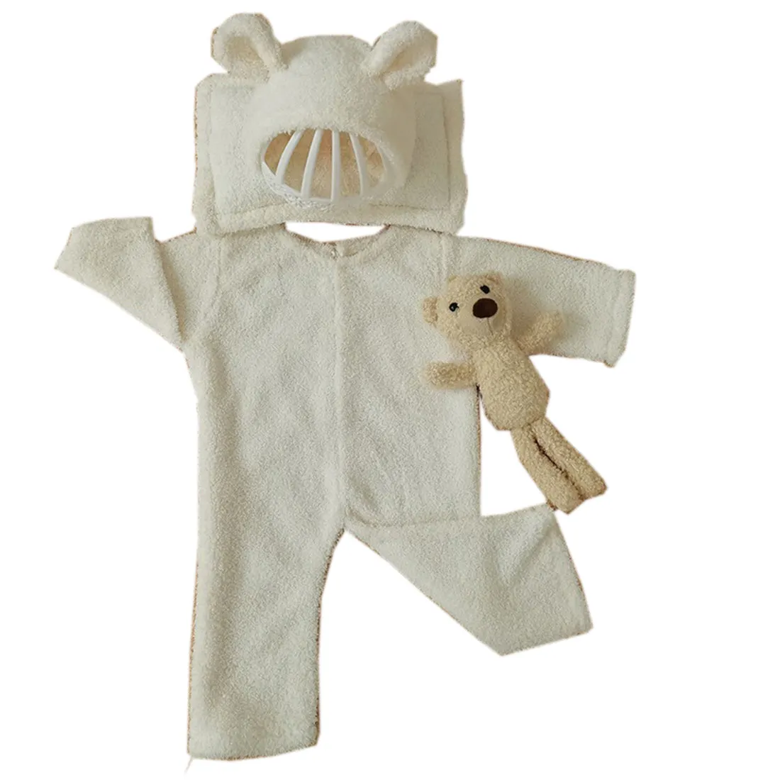 Babymoon (Set Of 4) Velvet Ready Romper, Toy, Pillow & Cap Baby Photoshoot Props-White