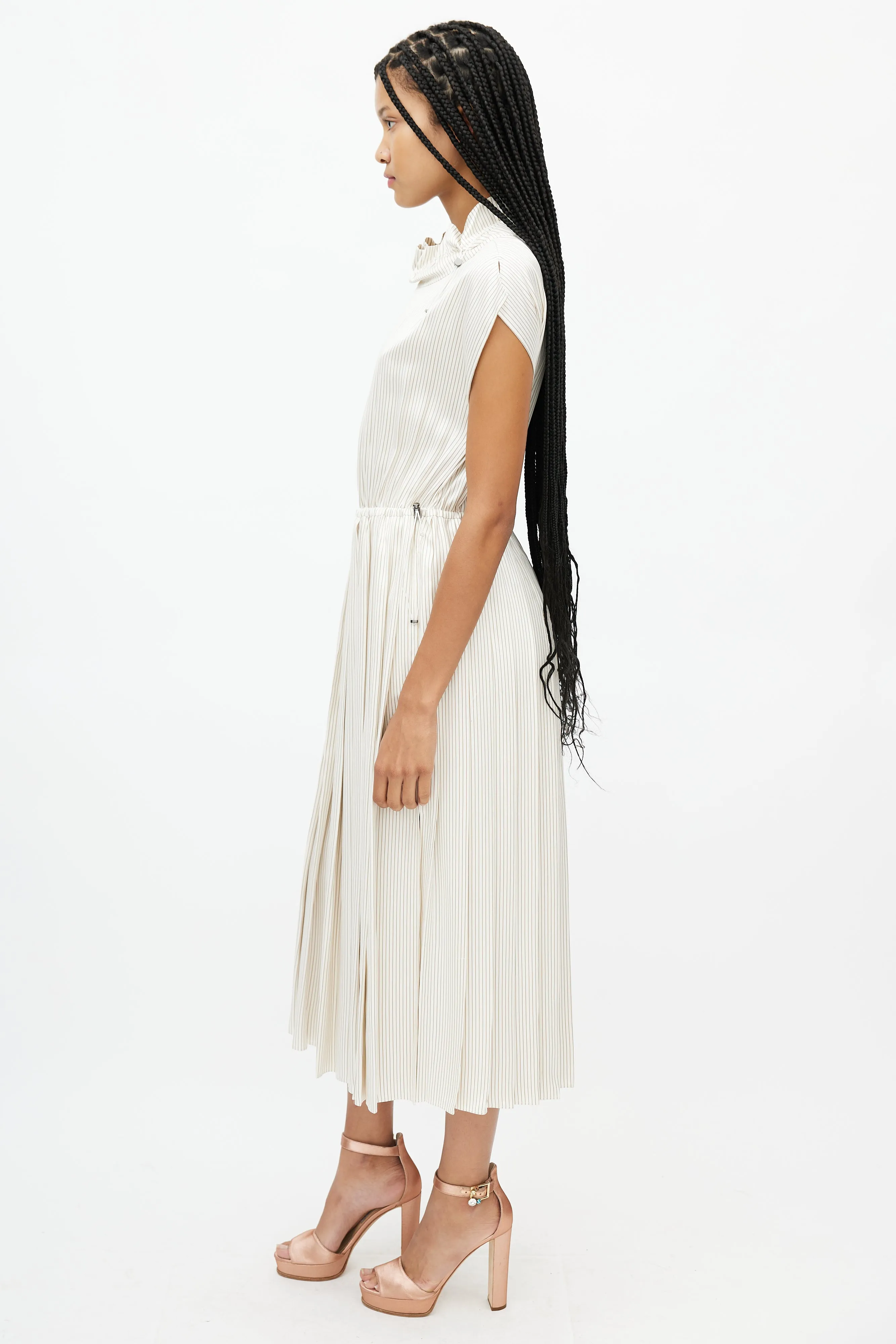 Beige & Cream Striped Drawstring Dress