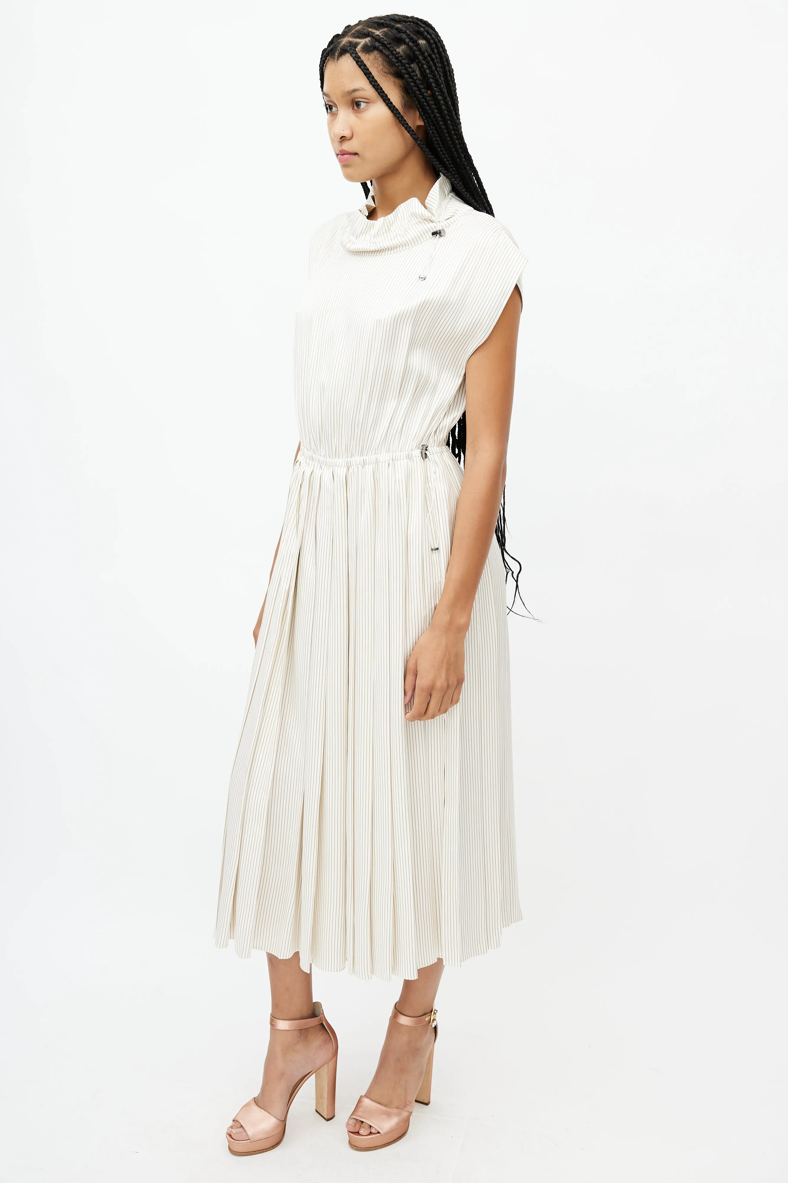 Beige & Cream Striped Drawstring Dress