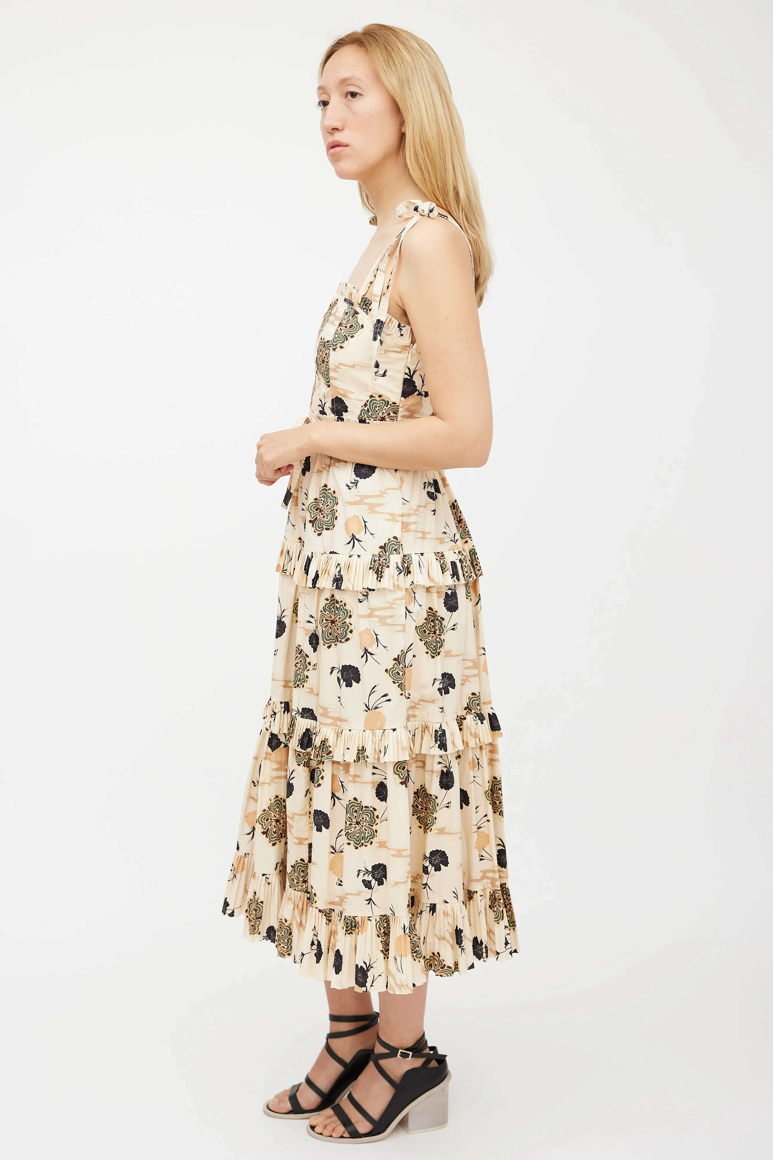 Beige & Multicolour Floral Pleated Tiered Dress