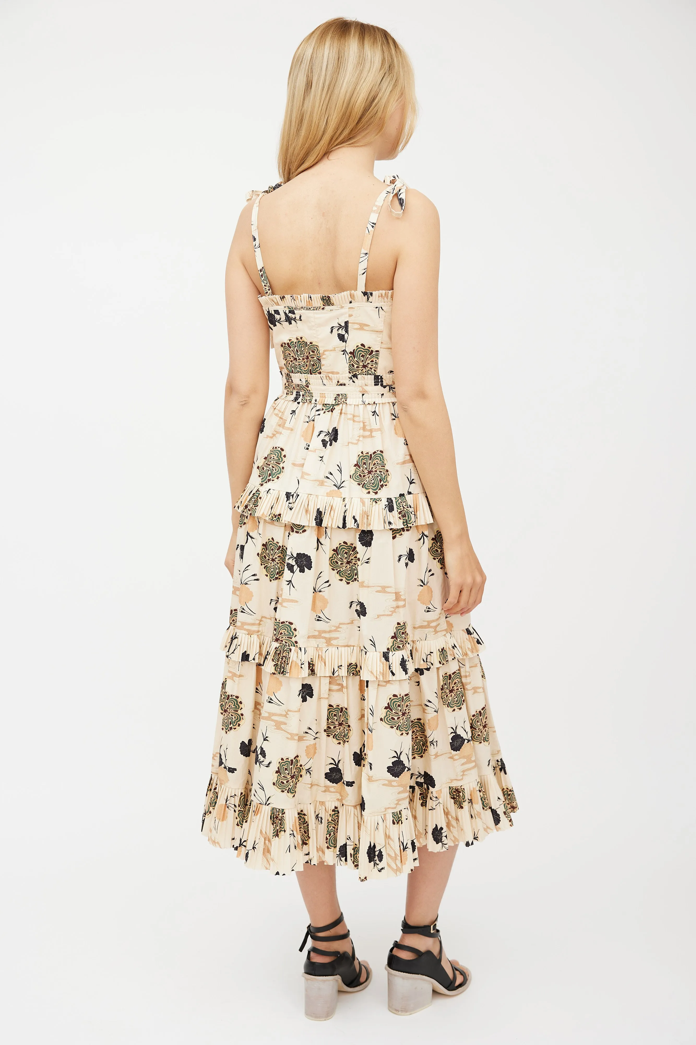 Beige & Multicolour Floral Pleated Tiered Dress