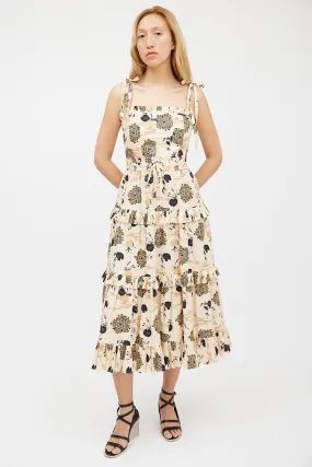 Beige & Multicolour Floral Pleated Tiered Dress