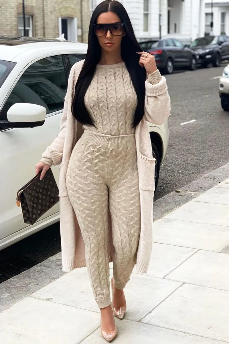 Beige Cable Knit Sweater and Leggings Loungewear Co-ord - Ionia