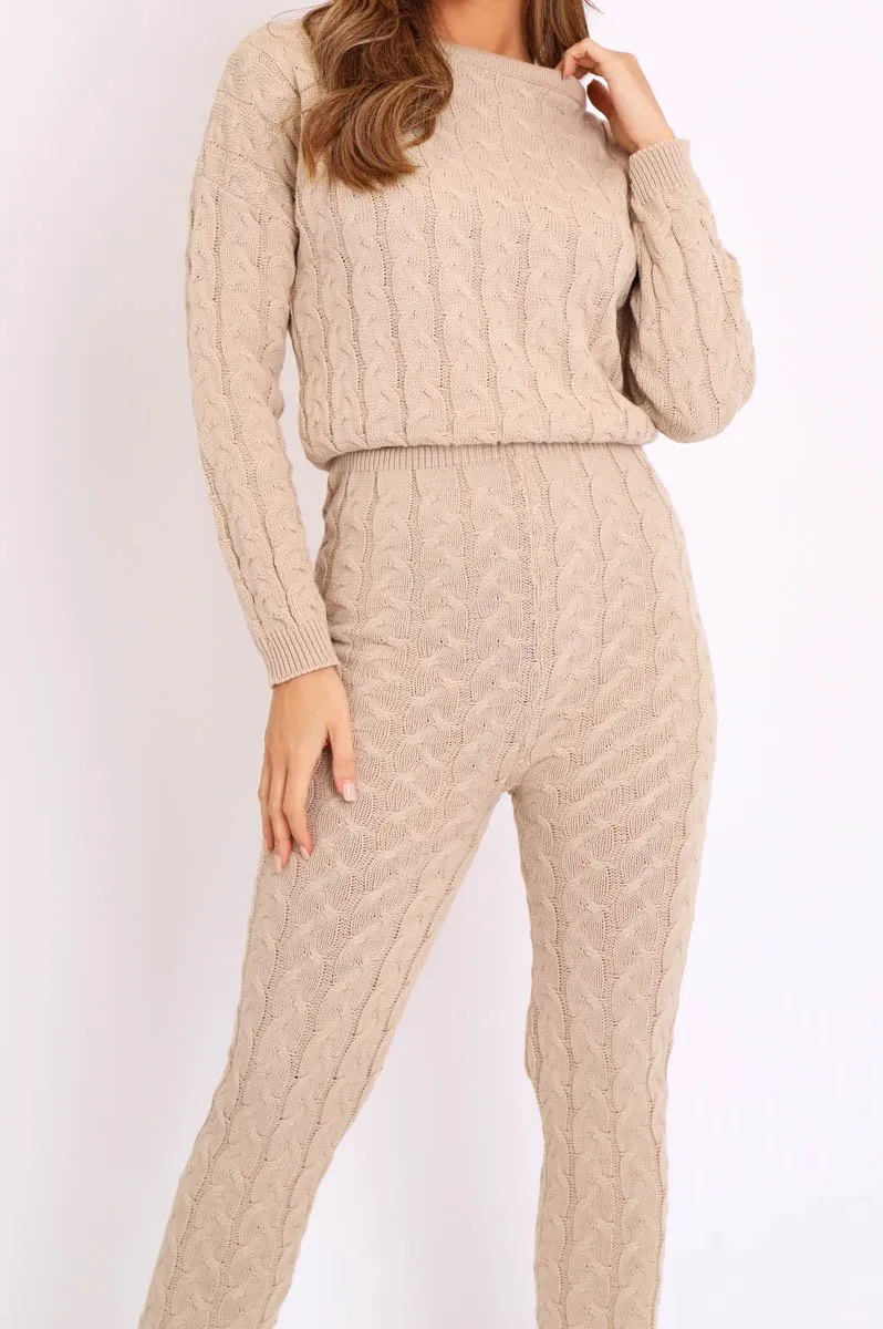 Beige Cable Knit Sweater and Leggings Loungewear Co-ord - Ionia