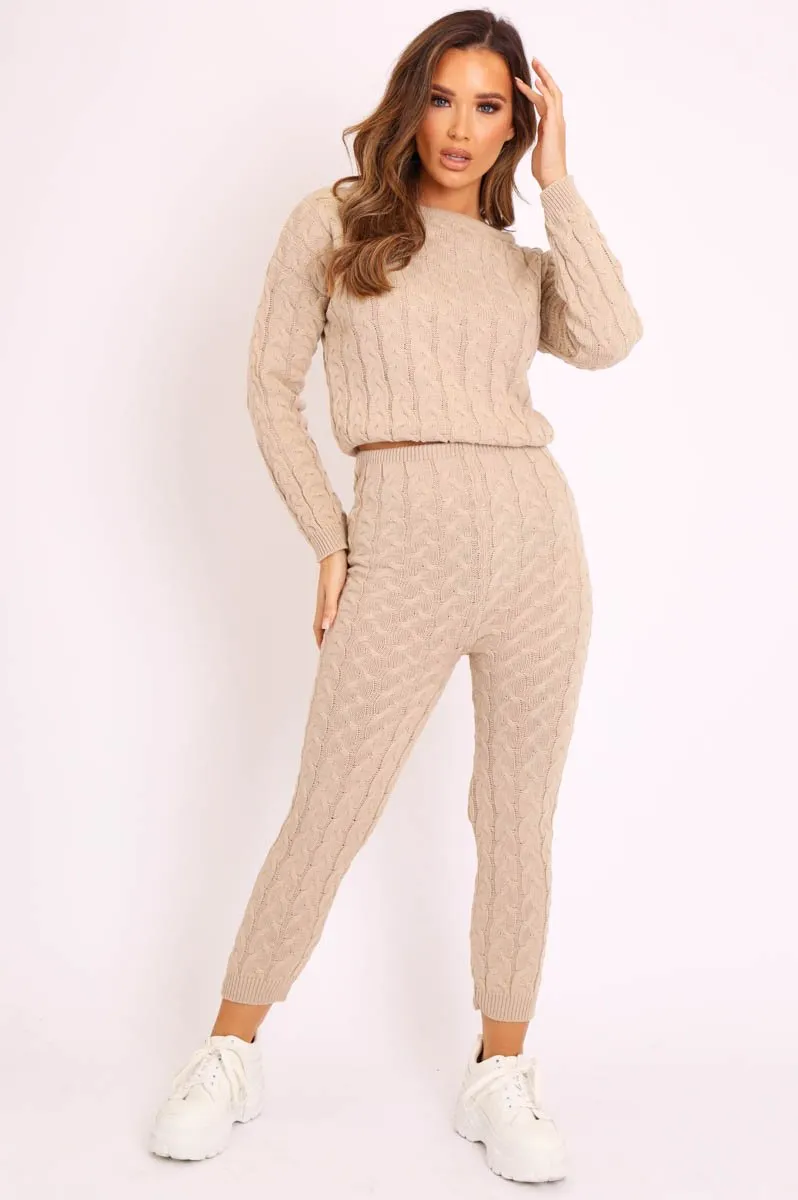 Beige Cable Knit Sweater and Leggings Loungewear Co-ord - Ionia