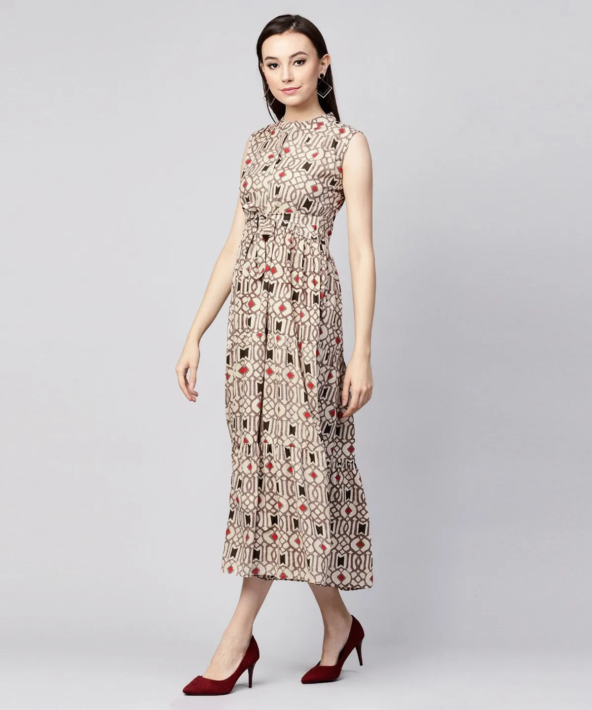 Beige Printed Sleeveless Cotton Maxi Dress