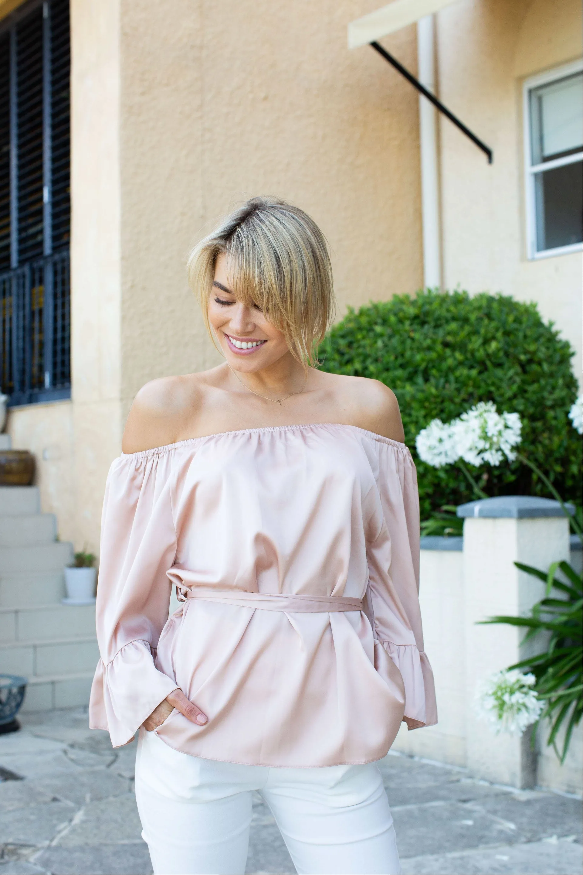 Bijou off shoulder tie top Champagne