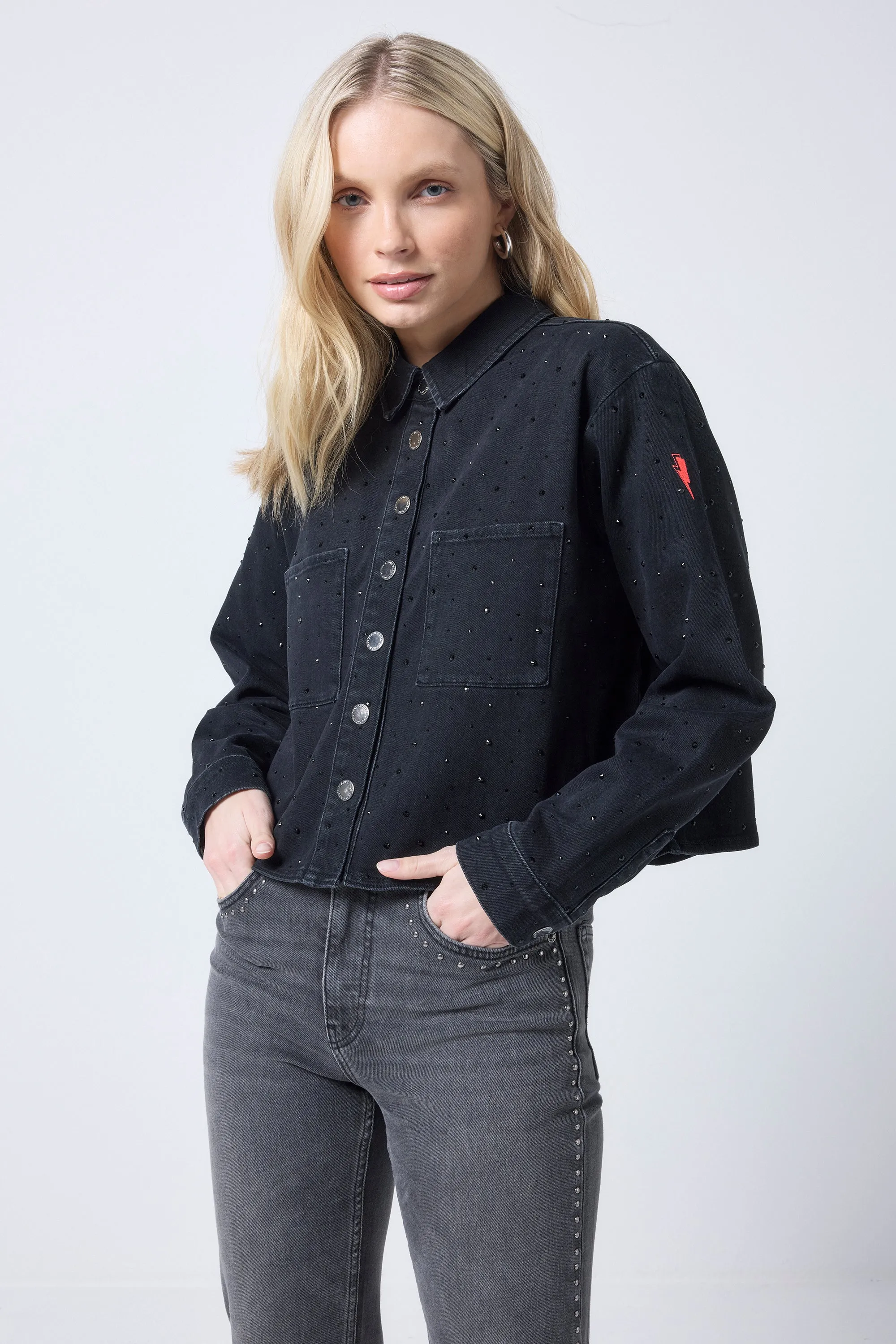 Black Embellished Denim Shacket