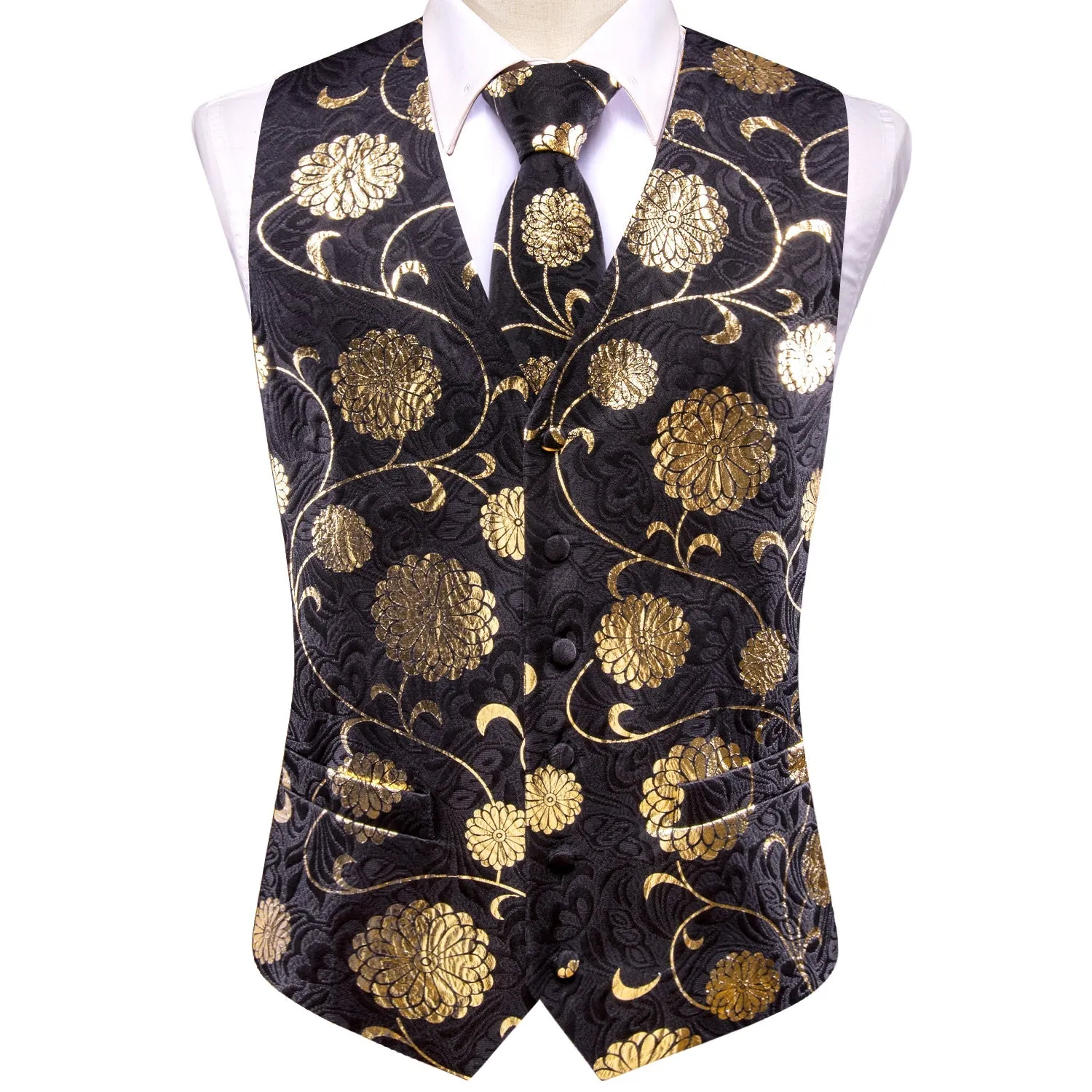 Black Gold Floral Jacquard Silk Men's Vest Hanky Cufflinks Tie Set