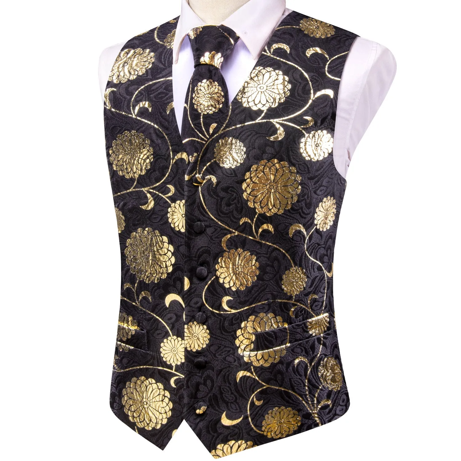 Black Gold Floral Jacquard Silk Men's Vest Hanky Cufflinks Tie Set